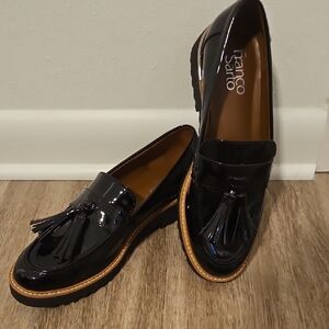 Franco Sarto Black Patent Tassel Loafers with Tan Trim